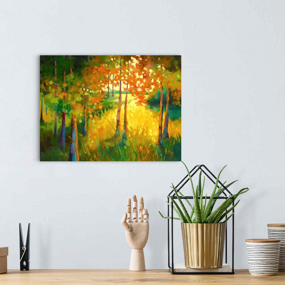 A bohemian room featuring Contemporary abstract painting of a colorful landscape with Autumn trees.