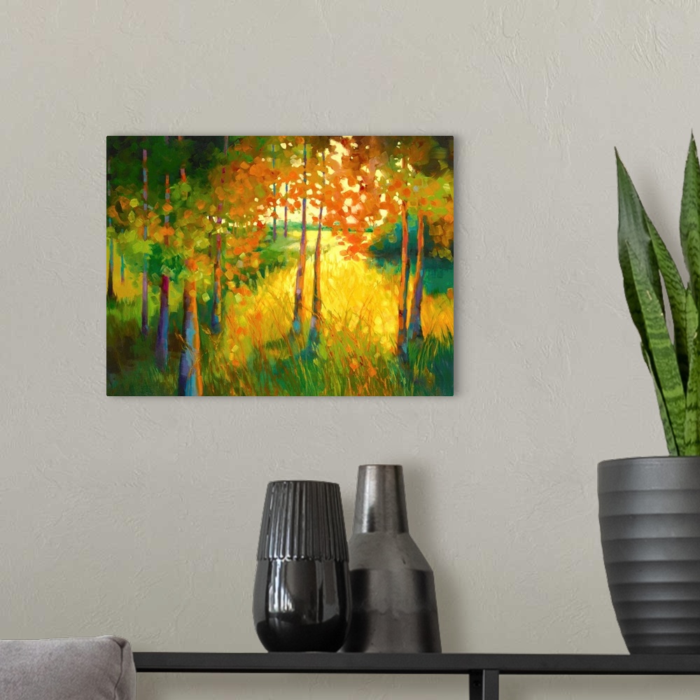 A modern room featuring Contemporary abstract painting of a colorful landscape with Autumn trees.
