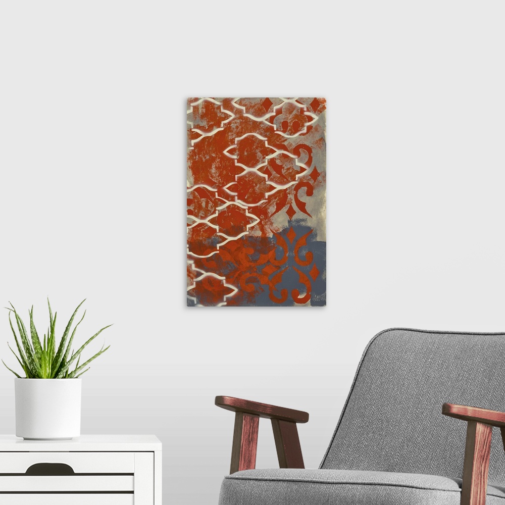 A modern room featuring Contemporary abstract painting created with grey and red hues and repeating shapes.