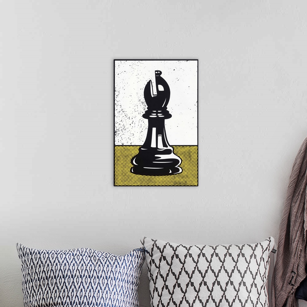 A bohemian room featuring Digital illustration of a chess bishop in black, white, and yellow.