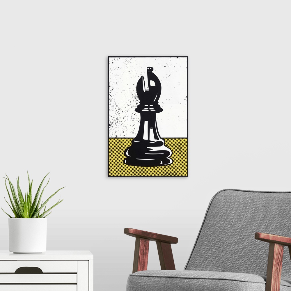 A modern room featuring Digital illustration of a chess bishop in black, white, and yellow.