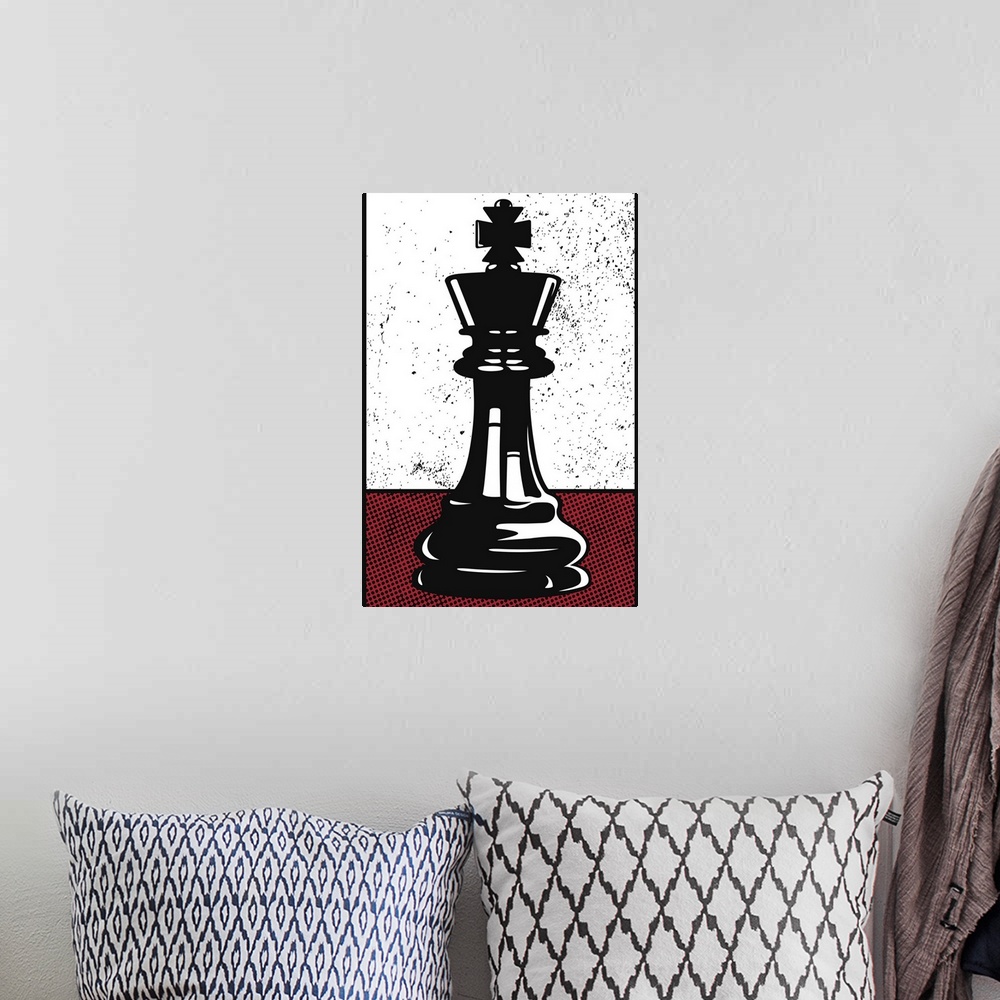 A bohemian room featuring Digital illustration of a chess king in black, white, and red.