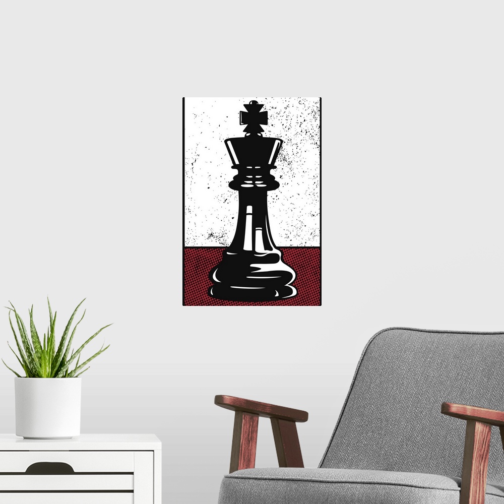 A modern room featuring Digital illustration of a chess king in black, white, and red.