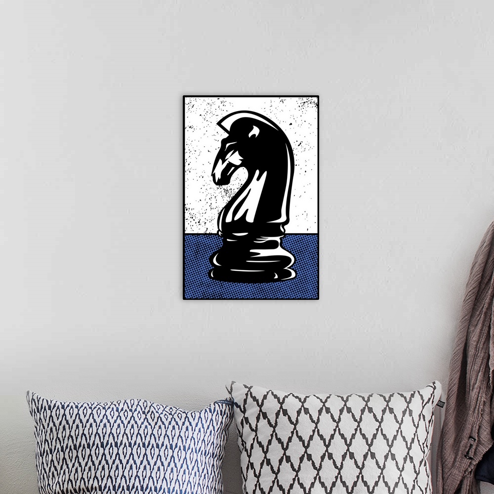 A bohemian room featuring Digital illustration of a chess knight in black, white, and blue.
