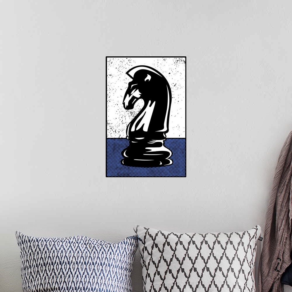 A bohemian room featuring Digital illustration of a chess knight in black, white, and blue.