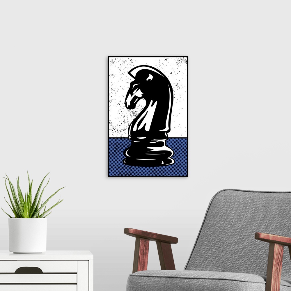 A modern room featuring Digital illustration of a chess knight in black, white, and blue.