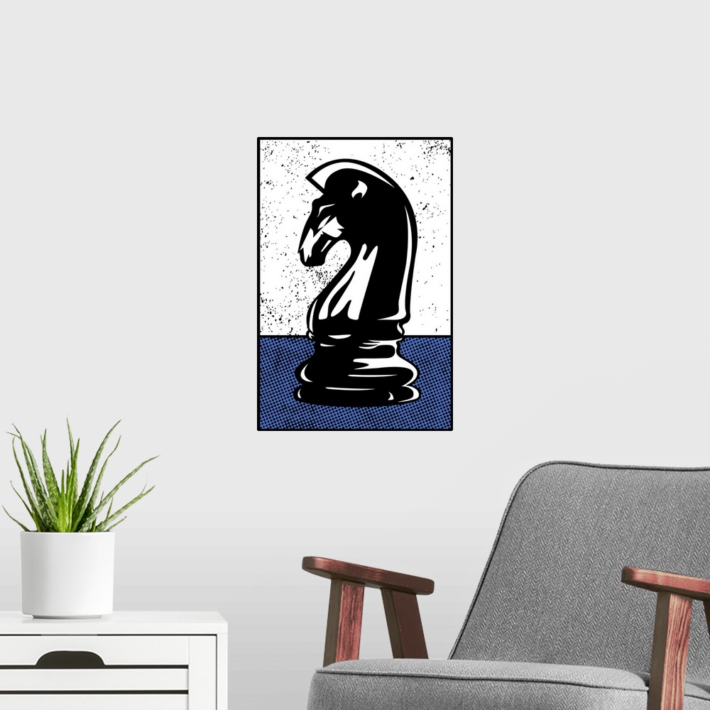 A modern room featuring Digital illustration of a chess knight in black, white, and blue.