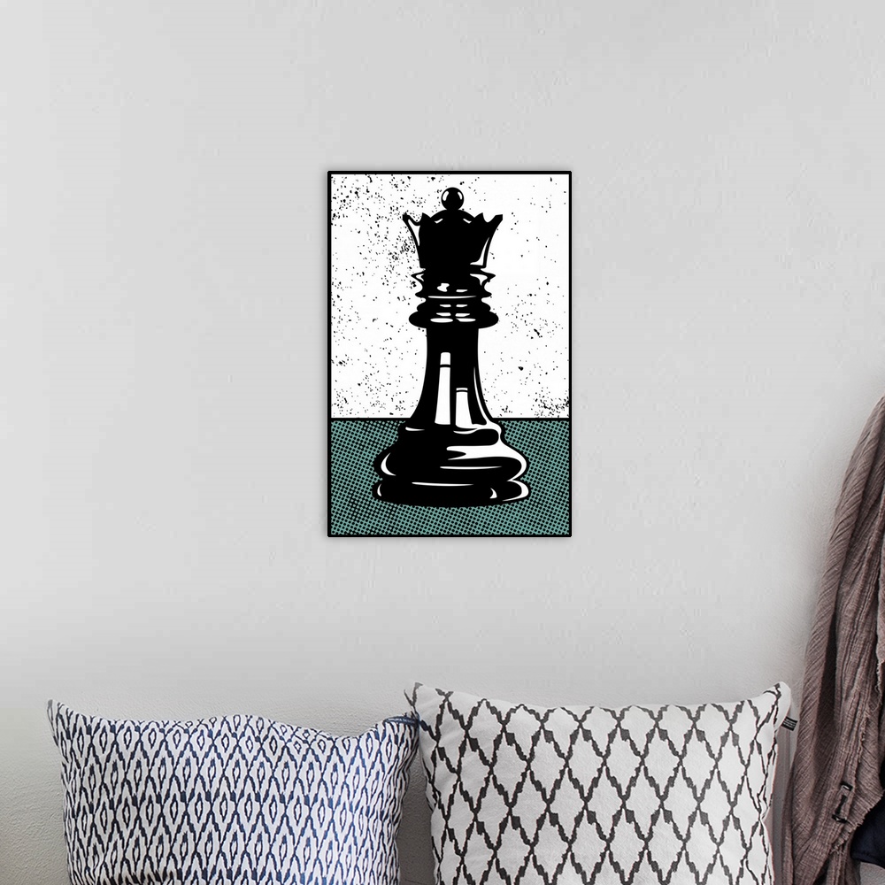 A bohemian room featuring Digital illustration of a chess queen in black, white, and teal.