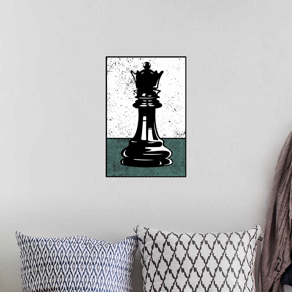 A bohemian room featuring Digital illustration of a chess queen in black, white, and teal.