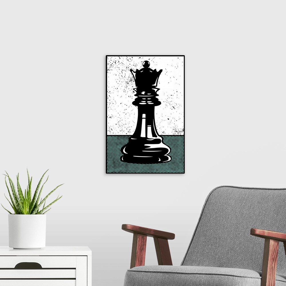 A modern room featuring Digital illustration of a chess queen in black, white, and teal.
