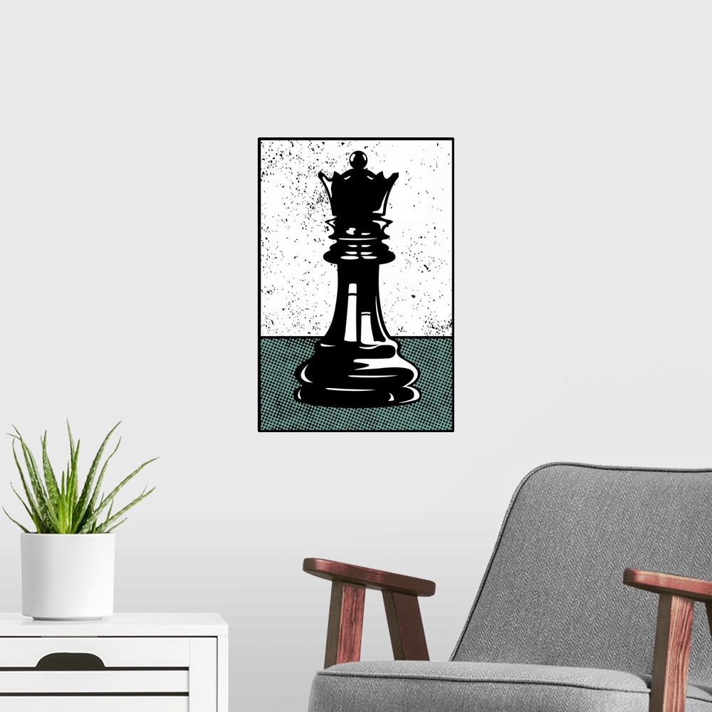 A modern room featuring Digital illustration of a chess queen in black, white, and teal.