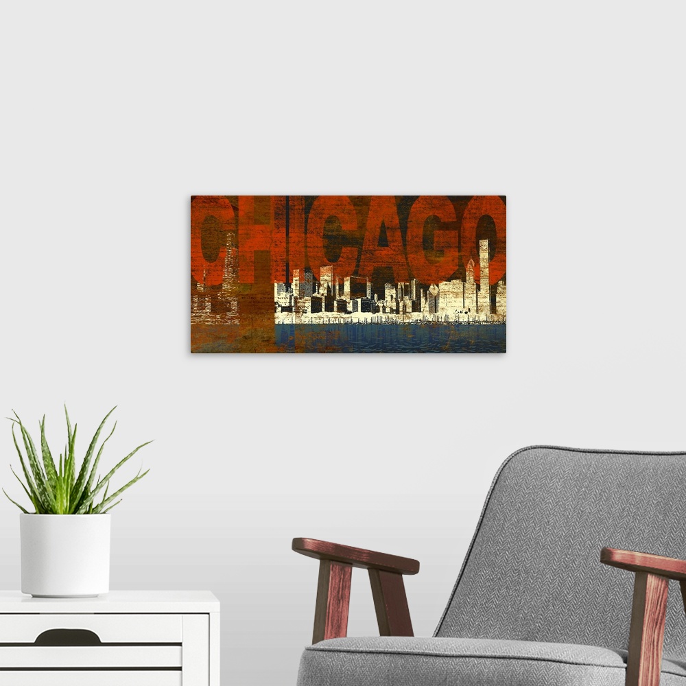 A modern room featuring Panoramic abstract painting of a cityscape on a waterfront with large text in the sky on a grungy...