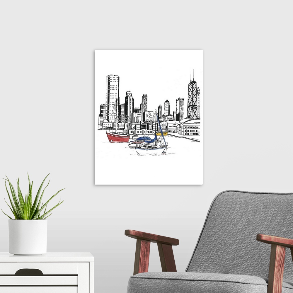 A modern room featuring Black and white watercolor painting of the Chicago, IL skyline with colorful sailboats in the har...