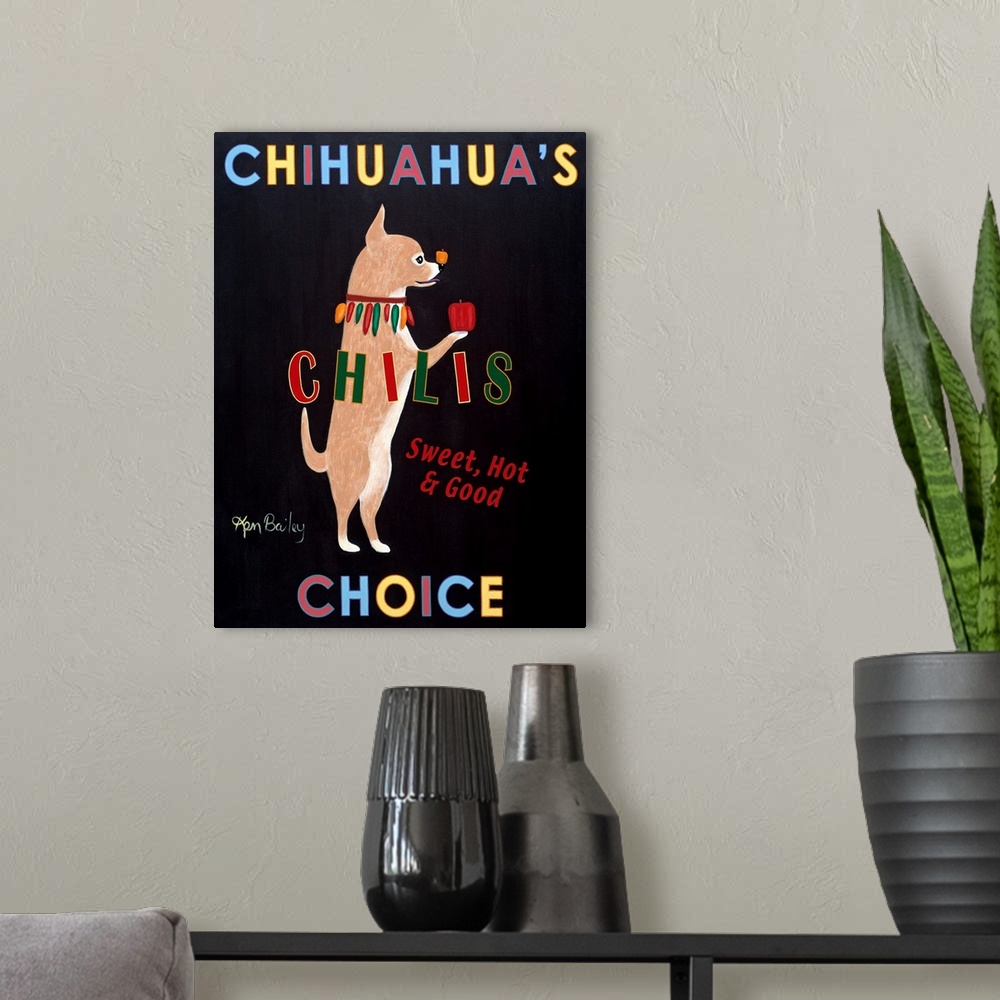 A modern room featuring Vertical, big canvas art of a Chihuahua standing on its hind legs, holding a pepper with its paw ...