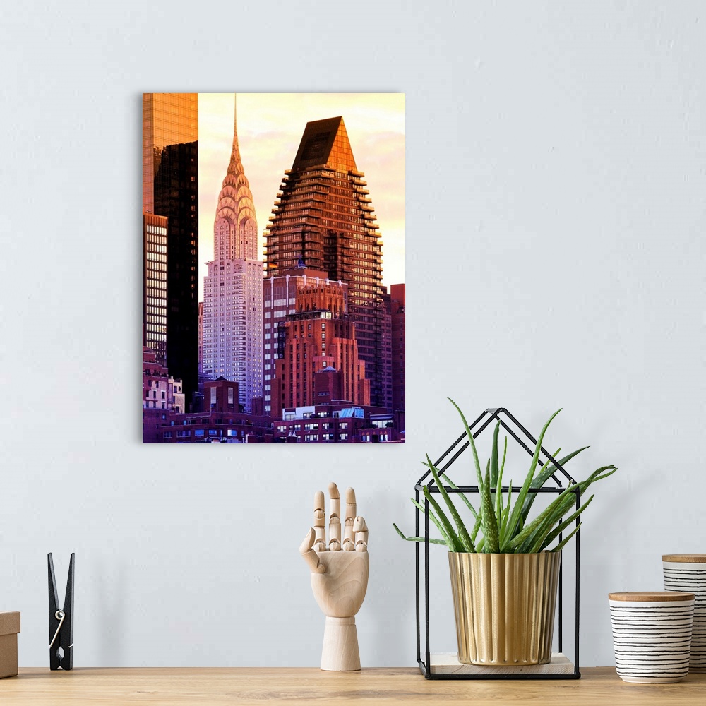 A bohemian room featuring Vividly colored photograph of the Chrysler building and other skyscrapers in New York City.