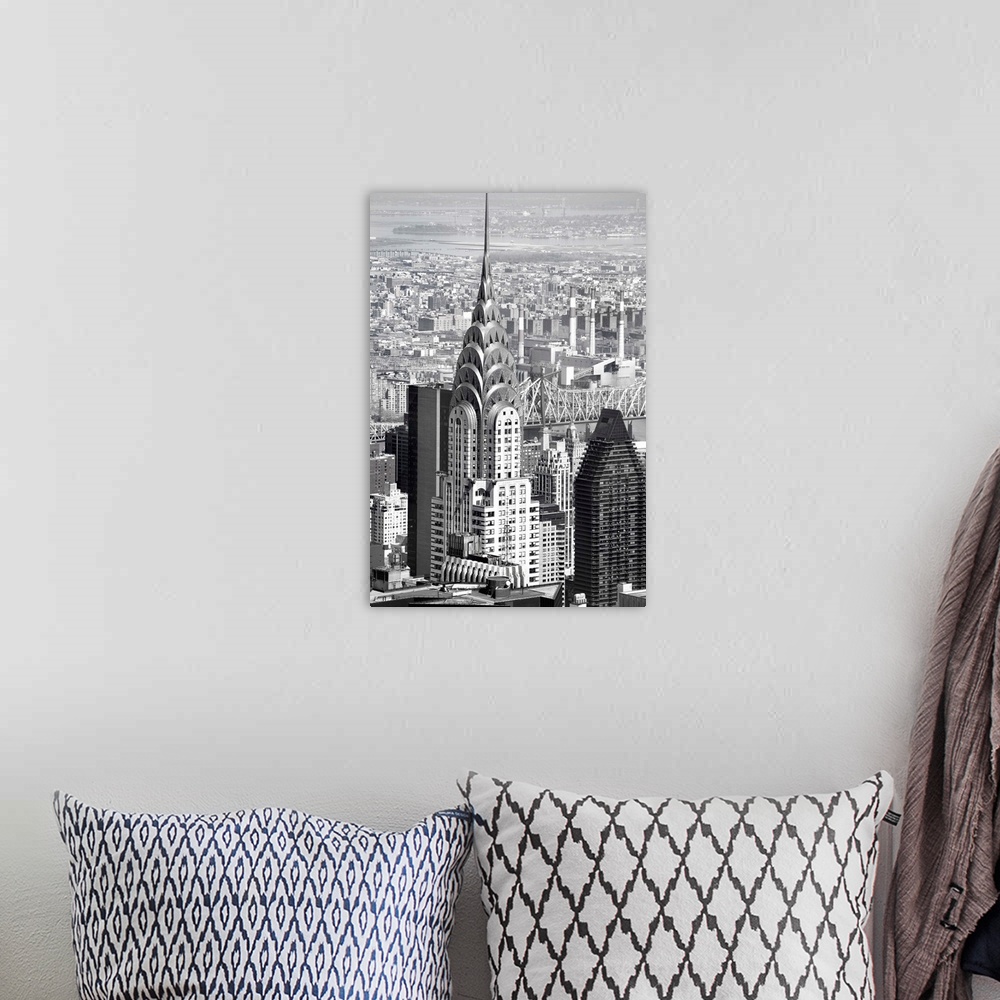 A bohemian room featuring A photograph of the Chrysler building.