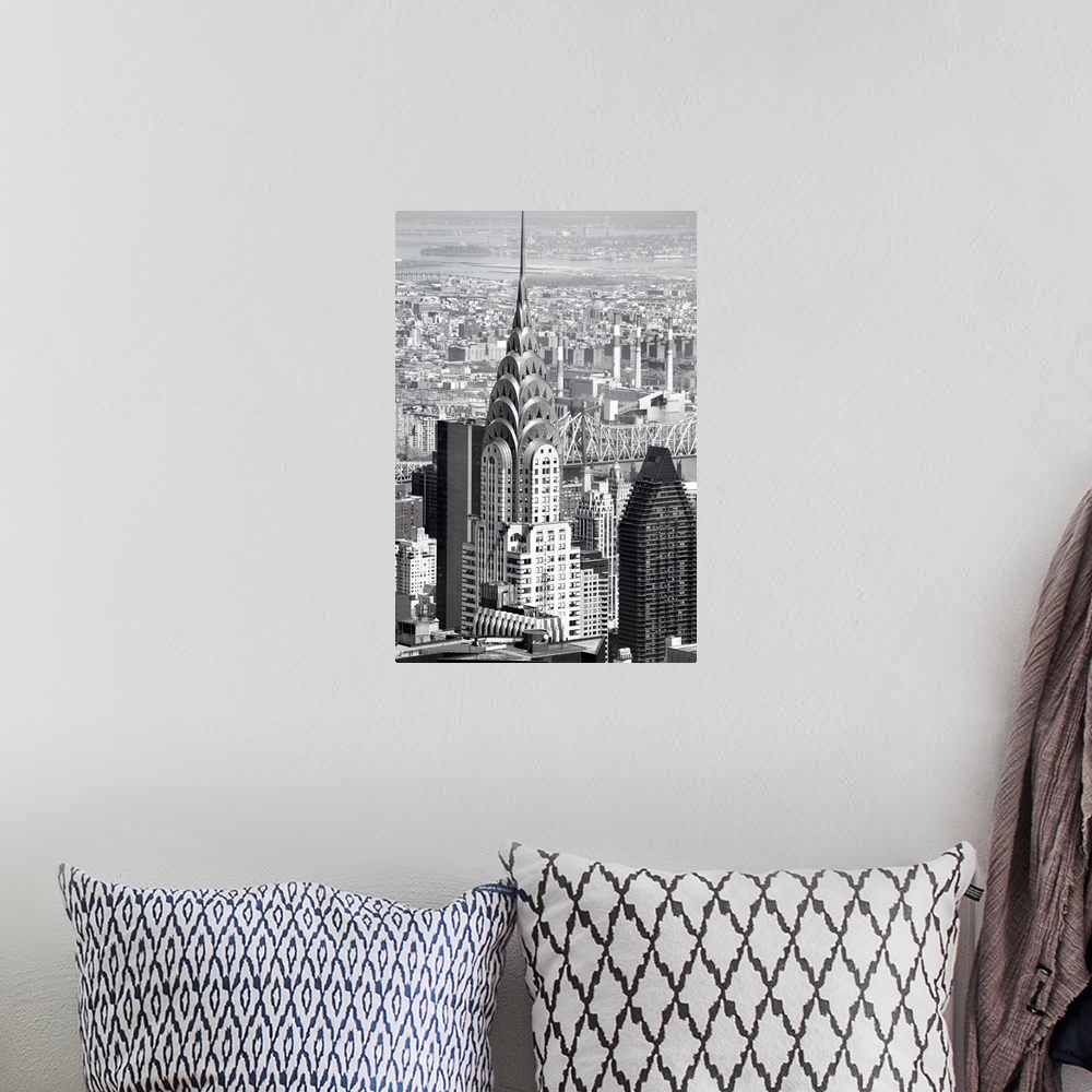 A bohemian room featuring A photograph of the Chrysler building.