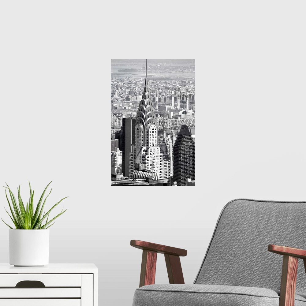 A modern room featuring A photograph of the Chrysler building.