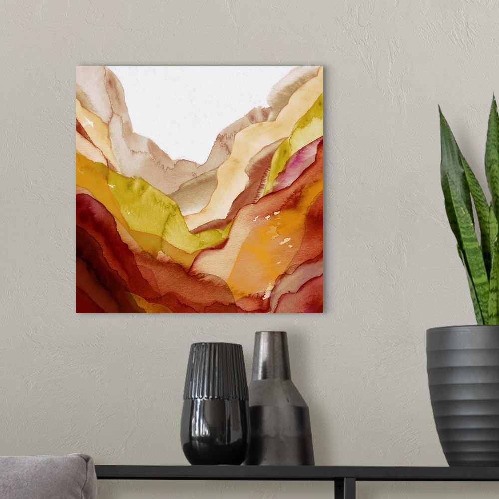 A modern room featuring Contemporary abstract watercolor painting of different layers overlapping resembling a landscape.
