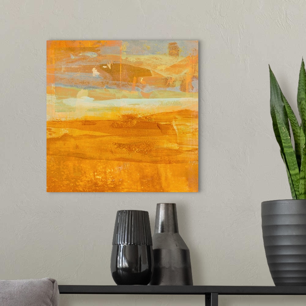 A modern room featuring Square abstract painting with layering  brushstrokes in shades of orange, yellow, white, and grey...