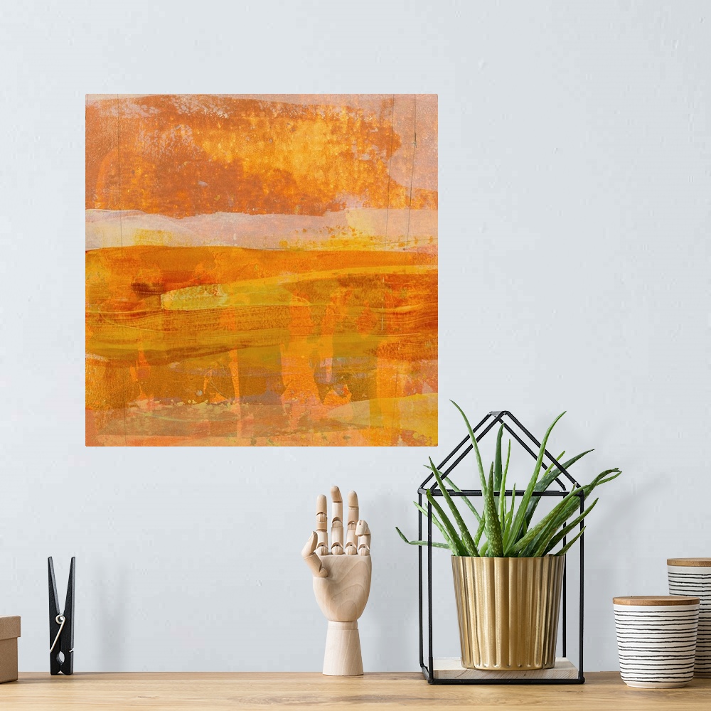 A bohemian room featuring Square abstract painting with layering  brushstrokes in shades of orange, yellow, white, and grey...