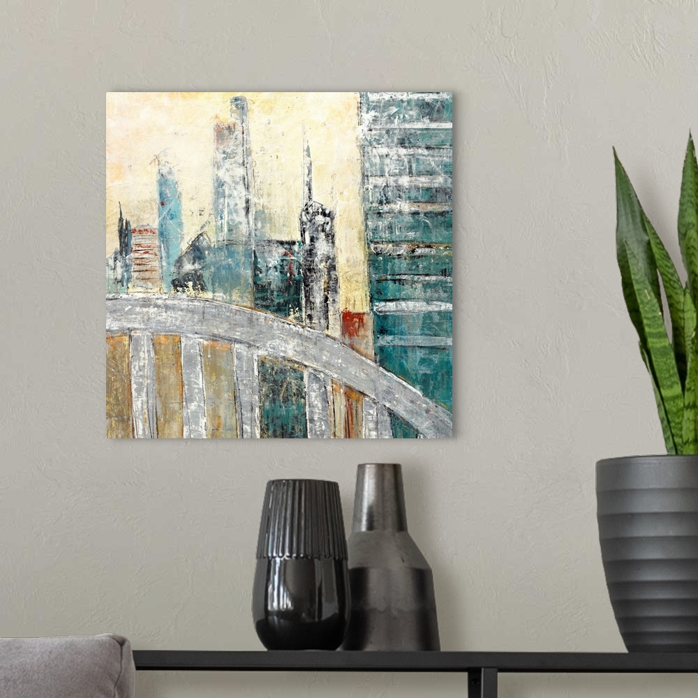A modern room featuring Square abstract painting of a cityscape using shades of blue, beige, orange, red, and grey.