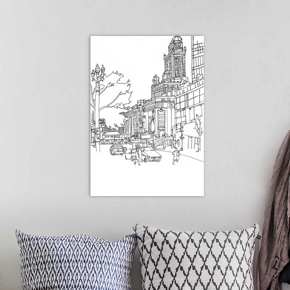 A bohemian room featuring Black and white cityscape illustration of downtown Chicago.