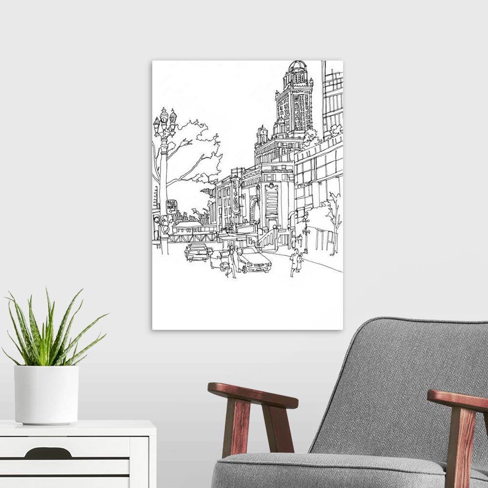 A modern room featuring Black and white cityscape illustration of downtown Chicago.