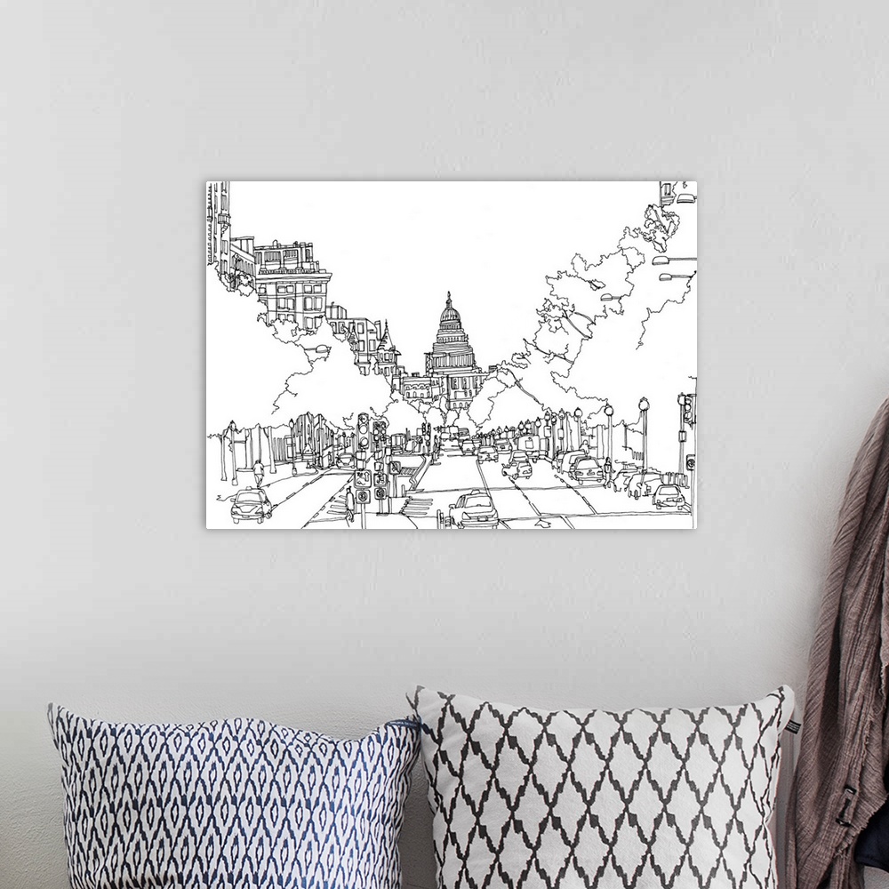 A bohemian room featuring Black and white cityscape illustration of Washington DC.