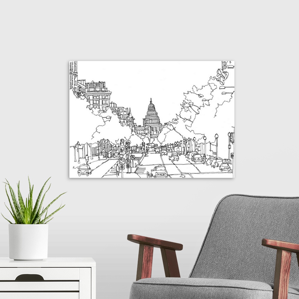 A modern room featuring Black and white cityscape illustration of Washington DC.