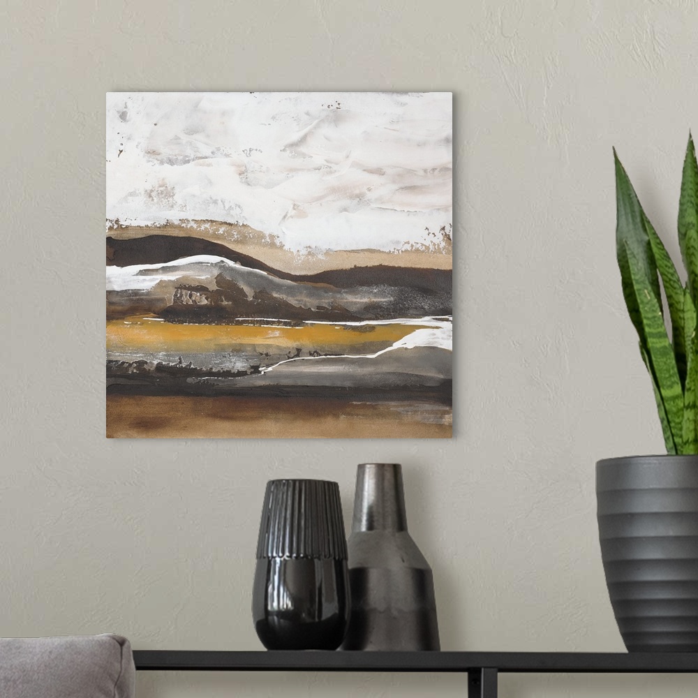 A modern room featuring Square abstract painting of a landscape created with wavy brushstrokes in shades of brown and grey.