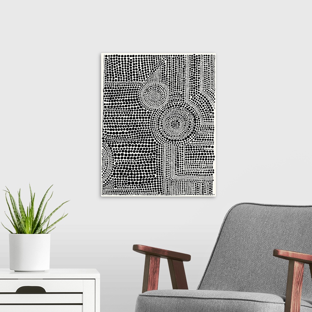 A modern room featuring Contemporary abstract artwork of patterns created from dots.