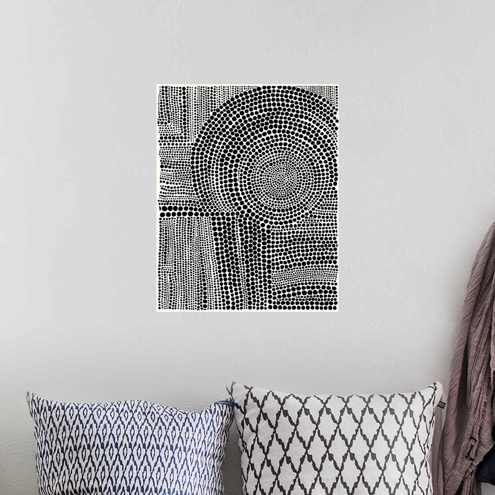 A bohemian room featuring Contemporary abstract artwork of patterns created from dots.
