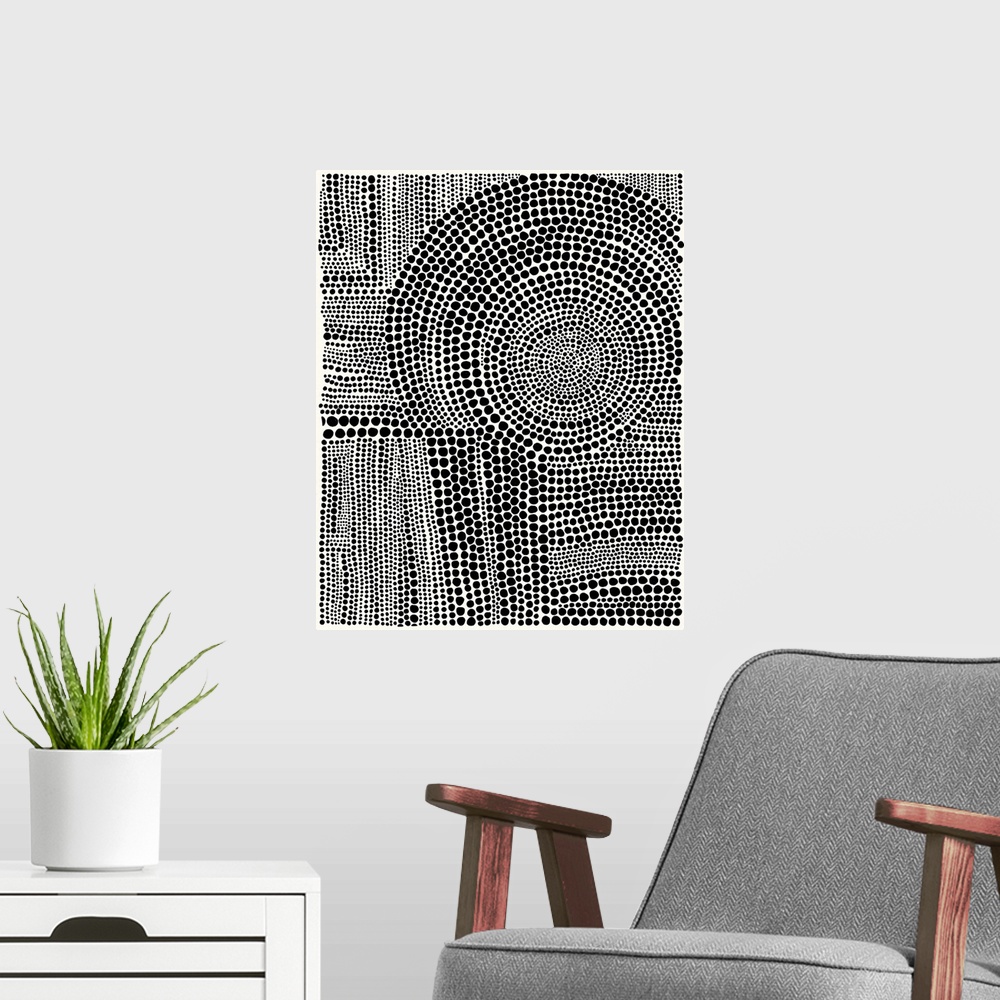 A modern room featuring Contemporary abstract artwork of patterns created from dots.