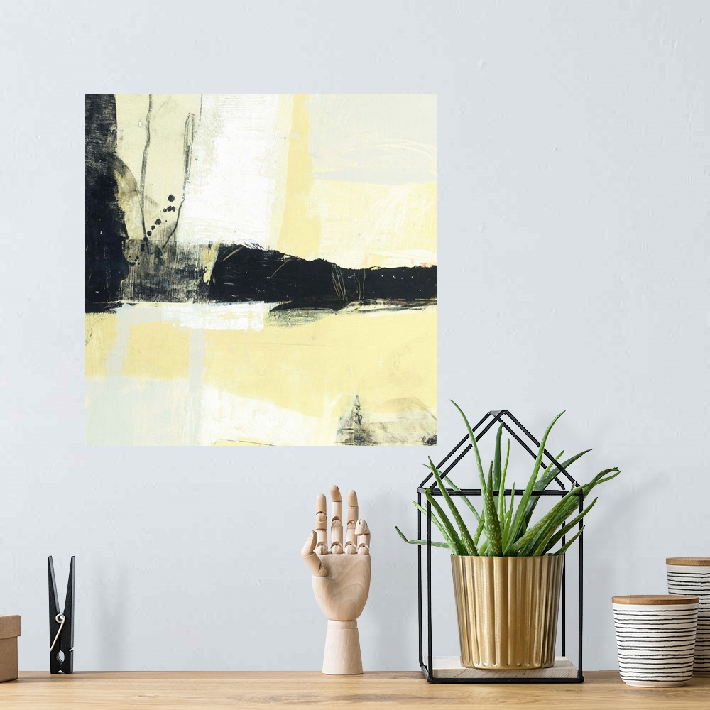 A bohemian room featuring Contemporary abstract painting using pale yellow with black bold paint strokes.