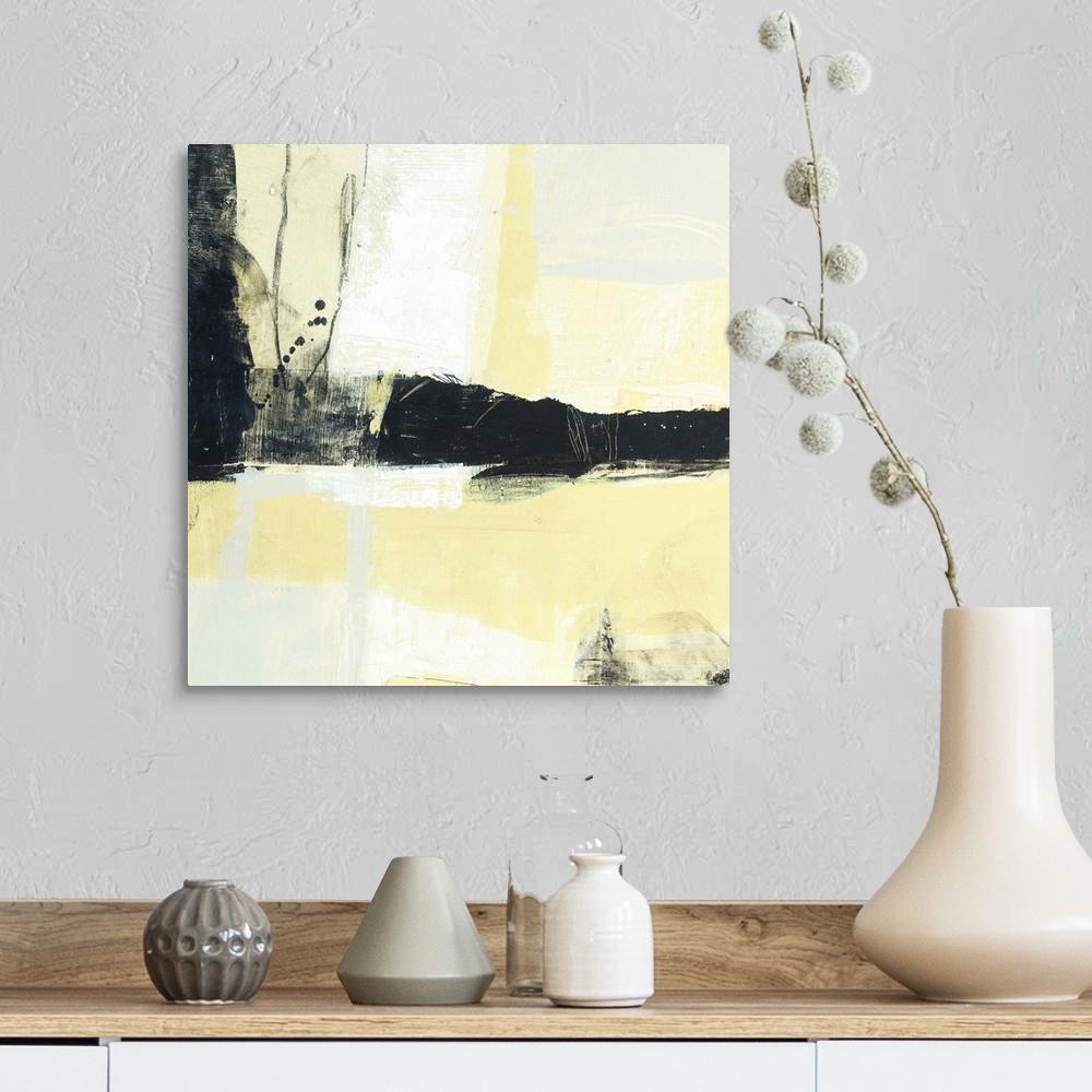 A farmhouse room featuring Contemporary abstract painting using pale yellow with black bold paint strokes.
