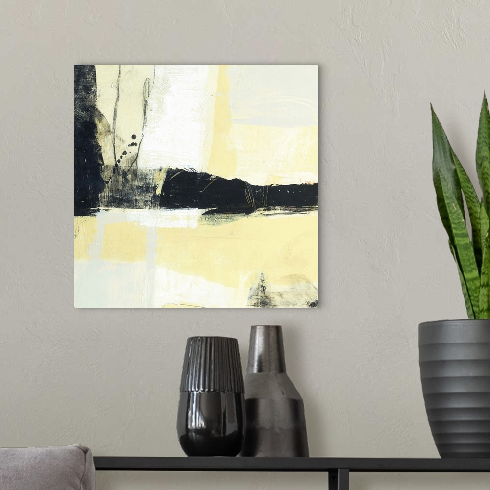 A modern room featuring Contemporary abstract painting using pale yellow with black bold paint strokes.