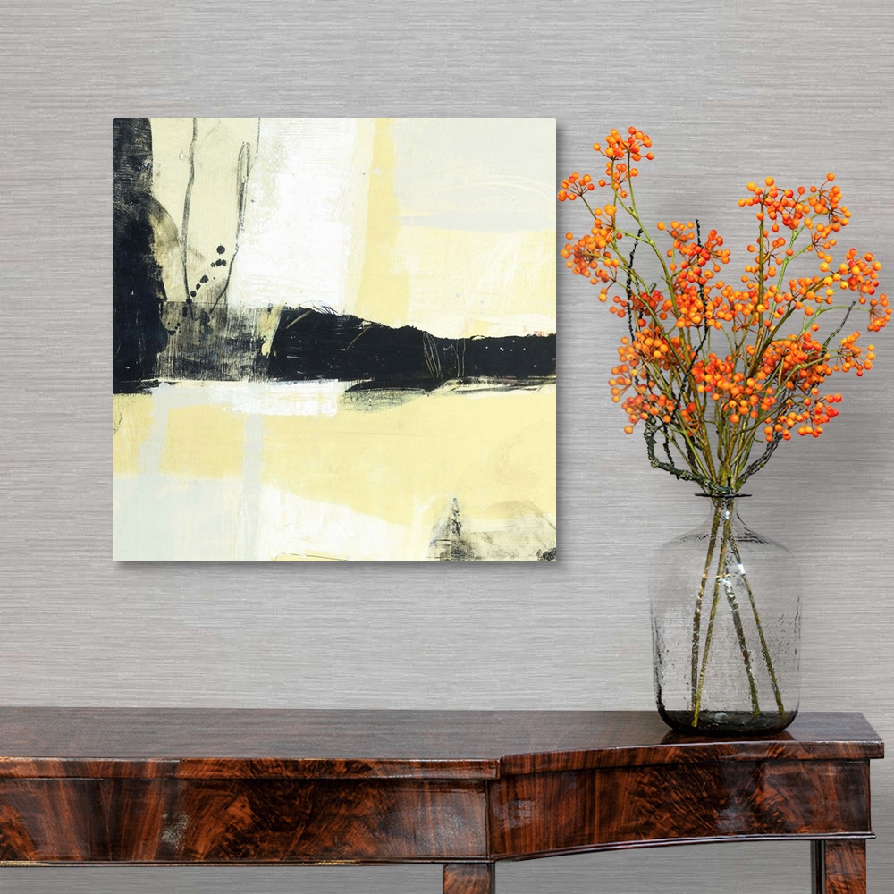 A traditional room featuring Contemporary abstract painting using pale yellow with black bold paint strokes.