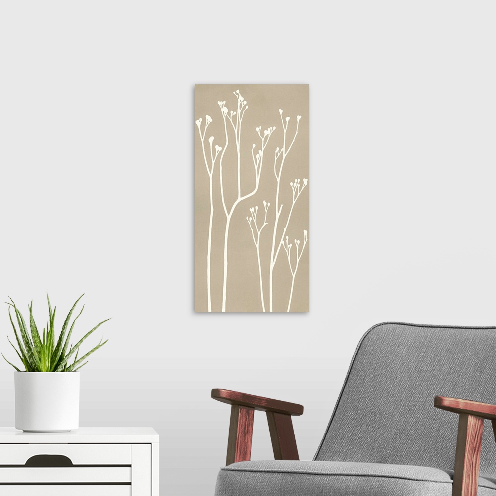 A modern room featuring Silhouettes of cocoa plant stems on a beige background.
