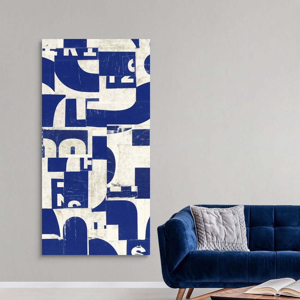 A modern room featuring A contemporary painting using geometric shapes and letters in a collage style.