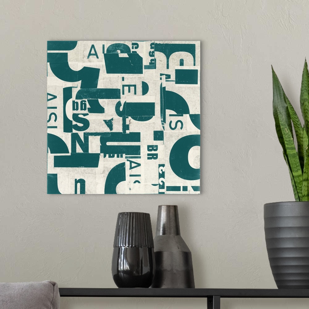 A modern room featuring A contemporary painting using geometric shapes and letters in a collage style.