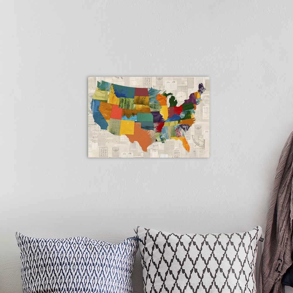 A bohemian room featuring A map of the United States with each state in a different pattern and color.