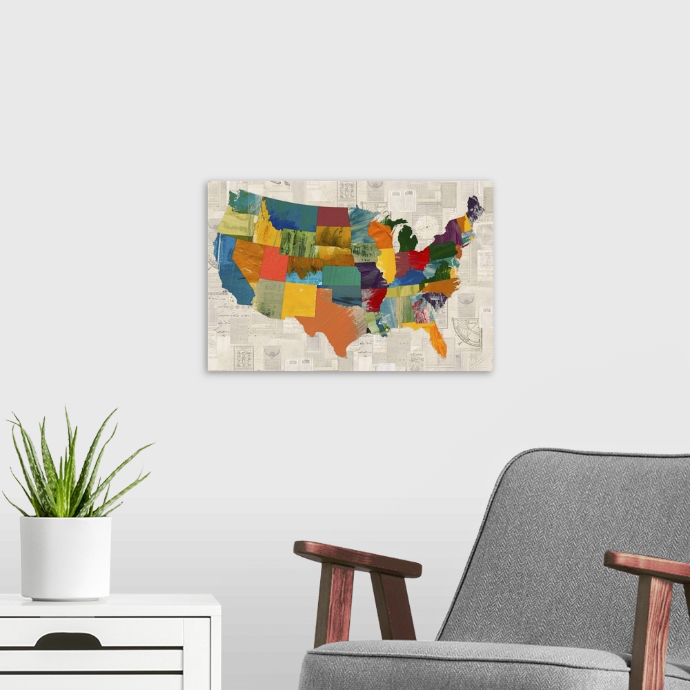 A modern room featuring A map of the United States with each state in a different pattern and color.