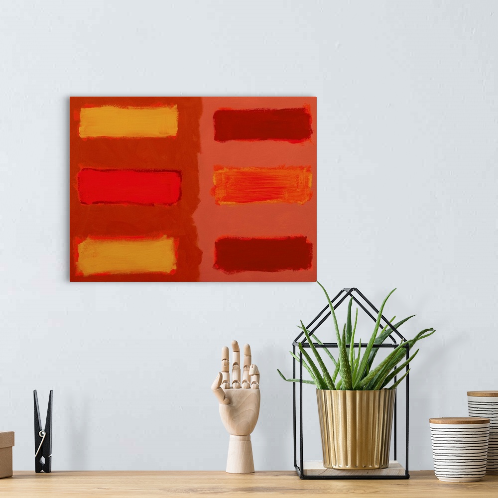 A bohemian room featuring Abstract painting in shades of red and orange, with horizontal bands.