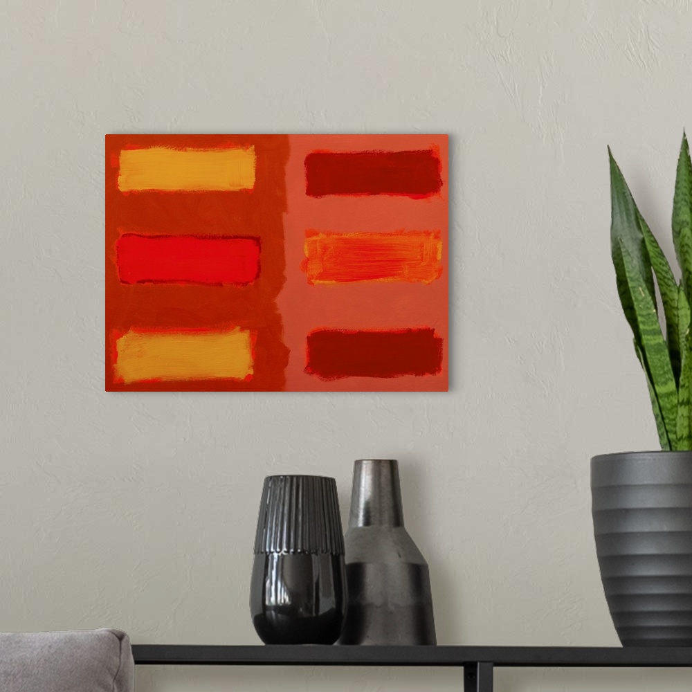 A modern room featuring Abstract painting in shades of red and orange, with horizontal bands.