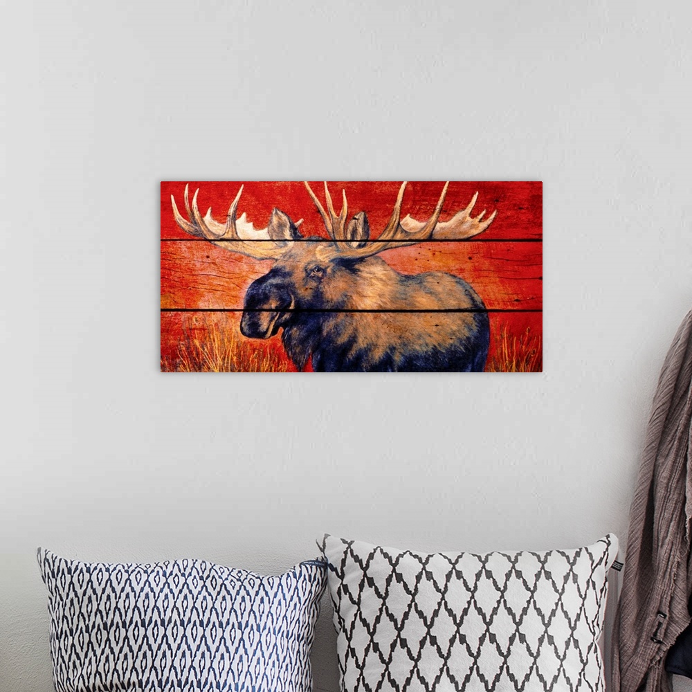 A bohemian room featuring Panoramic wildlife art showcases an illustration of a moose that is separated by three horizontal...