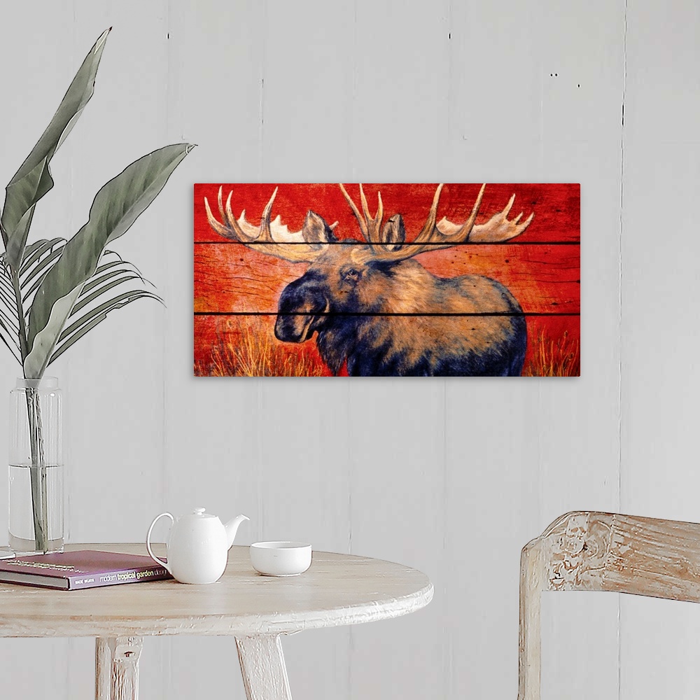 A farmhouse room featuring Panoramic wildlife art showcases an illustration of a moose that is separated by three horizontal...