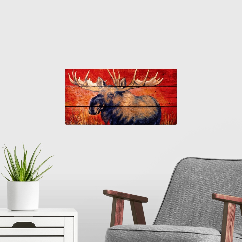 A modern room featuring Panoramic wildlife art showcases an illustration of a moose that is separated by three horizontal...