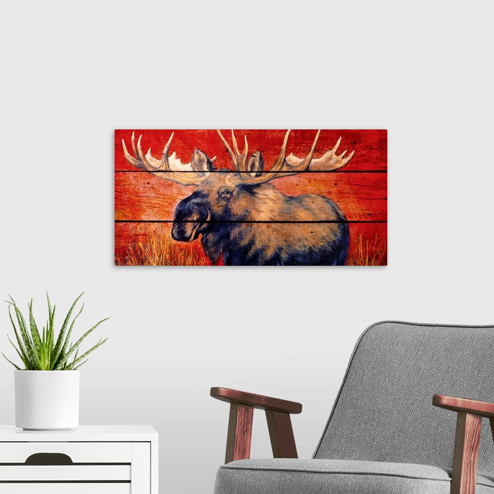 A modern room featuring Panoramic wildlife art showcases an illustration of a moose that is separated by three horizontal...
