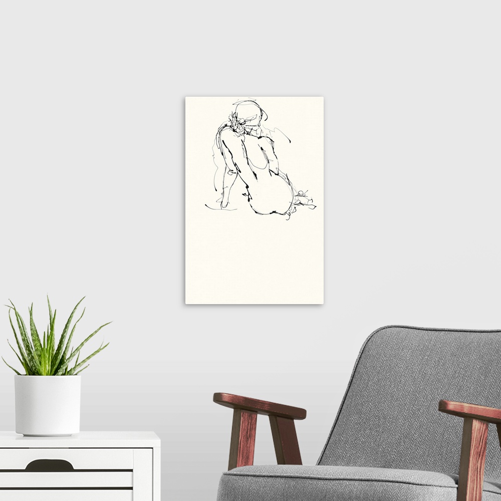 A modern room featuring Contemporary nude sketch of the backside of a woman using black ink on an off white background.